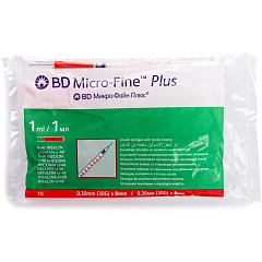 BD Micro-Fine Plus Шприцы инсулиновые Микро-Файн Плюс 1 ml U-40 с несъемной иглой 30 G, 10 штук