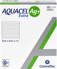 Convatec Aquacel Ag+ Extra Повязка Аквасель Экстра Плюс с серебром и ус волокном Гидрофайбер, 5х5 см