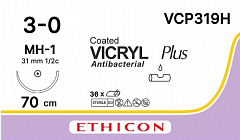 Ethicon Vicryl Plus Хирургическая нить рассасывающ с колющей иглой MH-1 Викрил Плюс 3-0 (M2) фиолет.